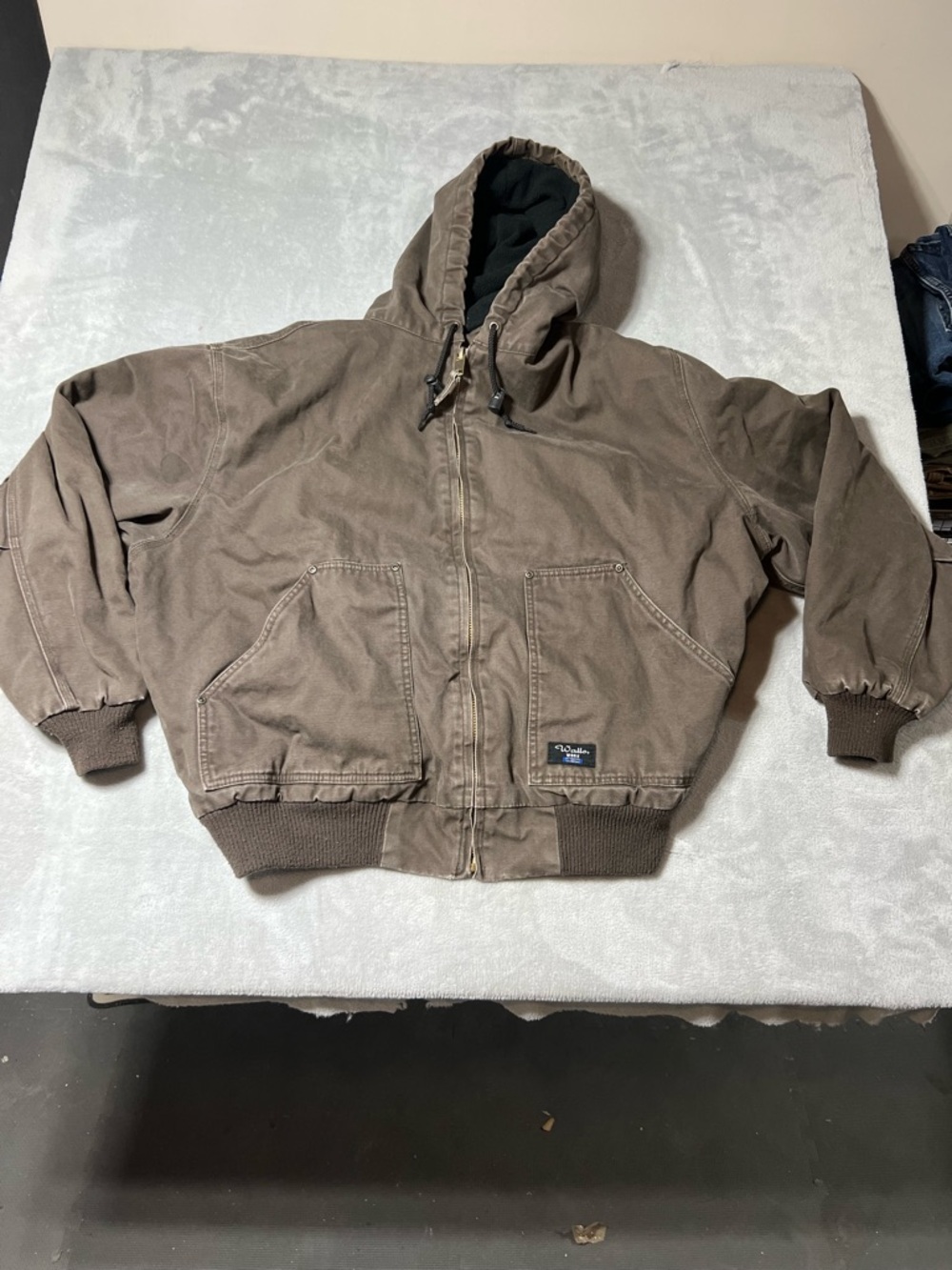 Walls Workwear Jacket Mens XL Brown Duck Canvas Fleece Lined Hooded Full Zip Y2K